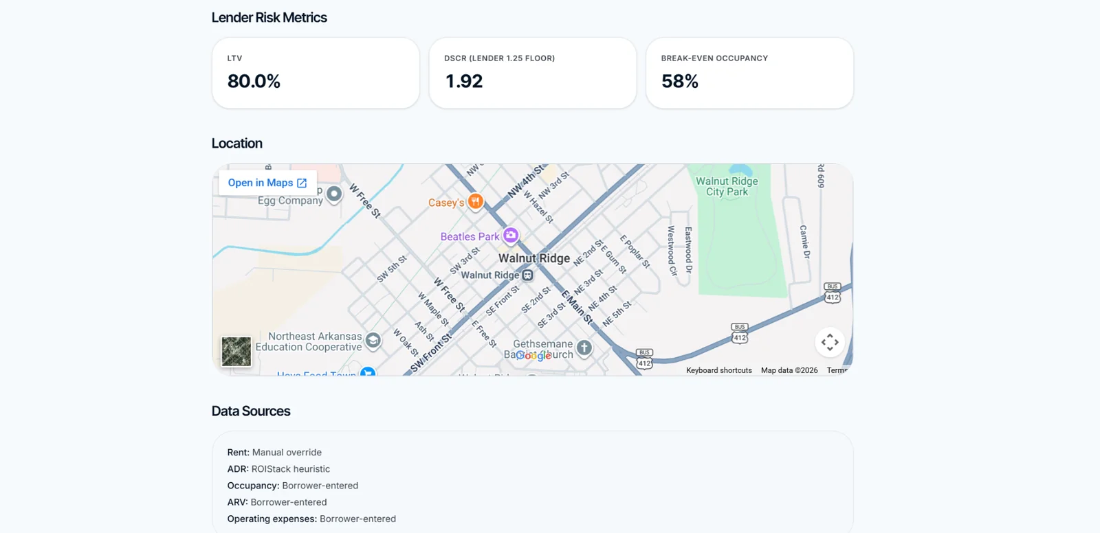 ROIStack deal room lender risk metrics with LTV, DSCR, break-even occupancy, and location map