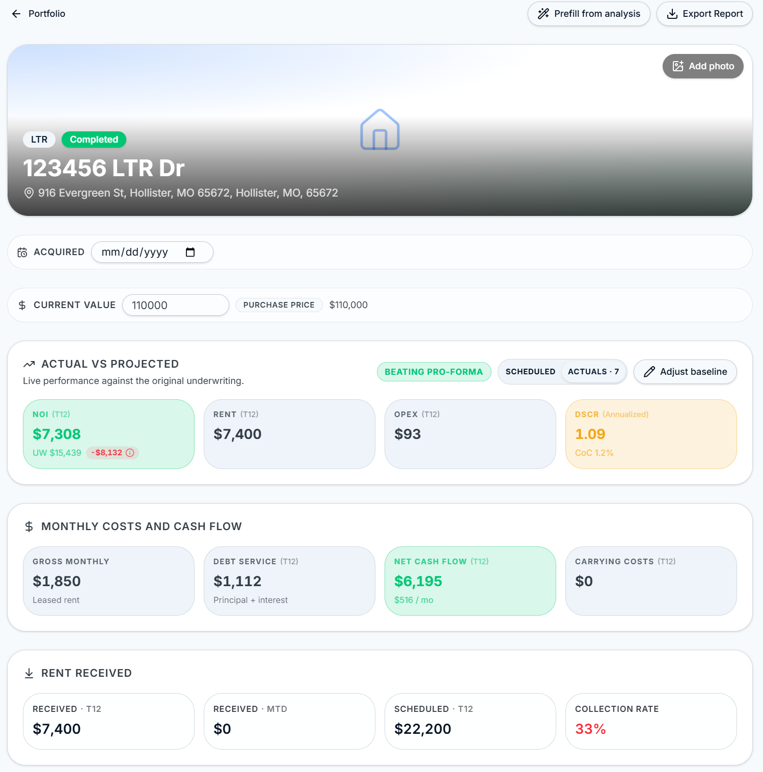 ROIStack Ownership page hero with Actual vs Projected, monthly costs, and rent collection tiles