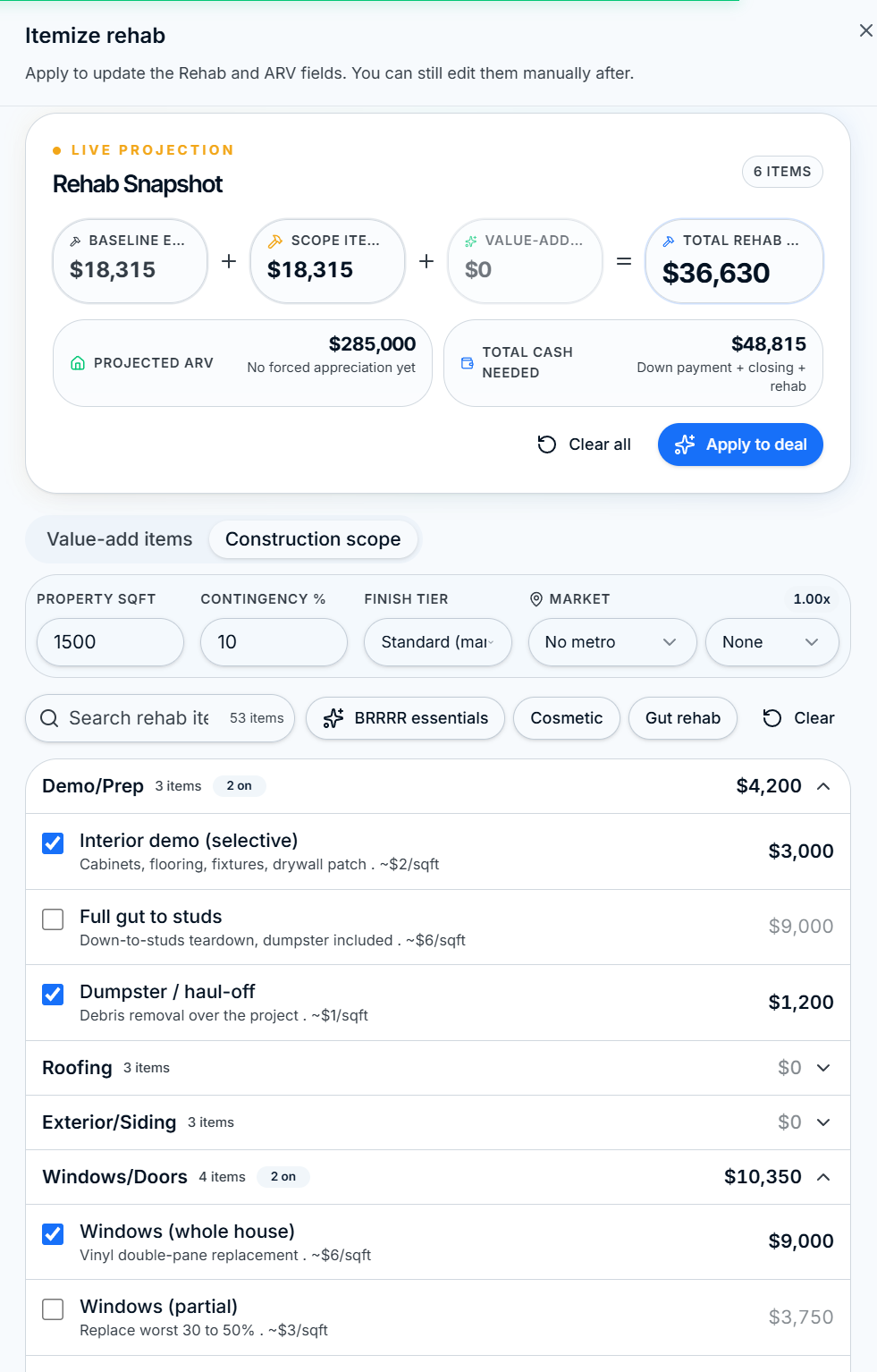 ROIStack Rehab SoW Builder with the Rehab Snapshot showing Baseline, Scope, Value-Add, Total Rehab, Projected ARV, and Total Cash Needed