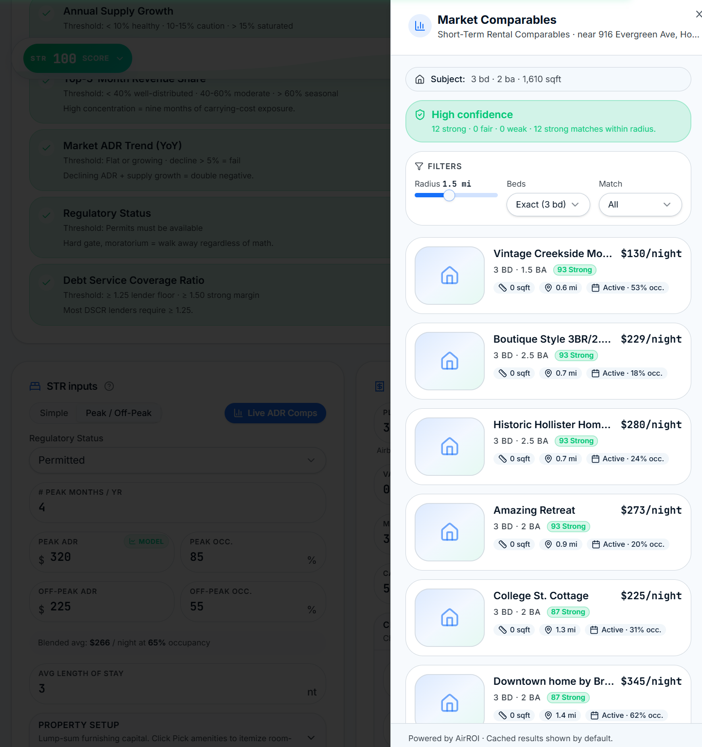 ROIStack Live ADR Comps drawer showing short-term rental comparables with nightly rates, occupancy, and match scores