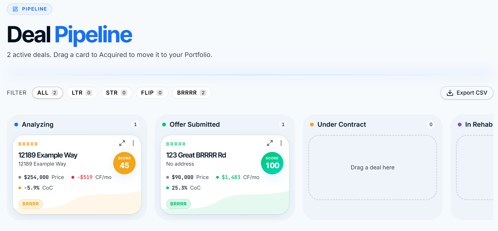 ROIStack Pipeline Kanban with Analyzing, Offer Submitted, Under Contract, and In Rehab columns