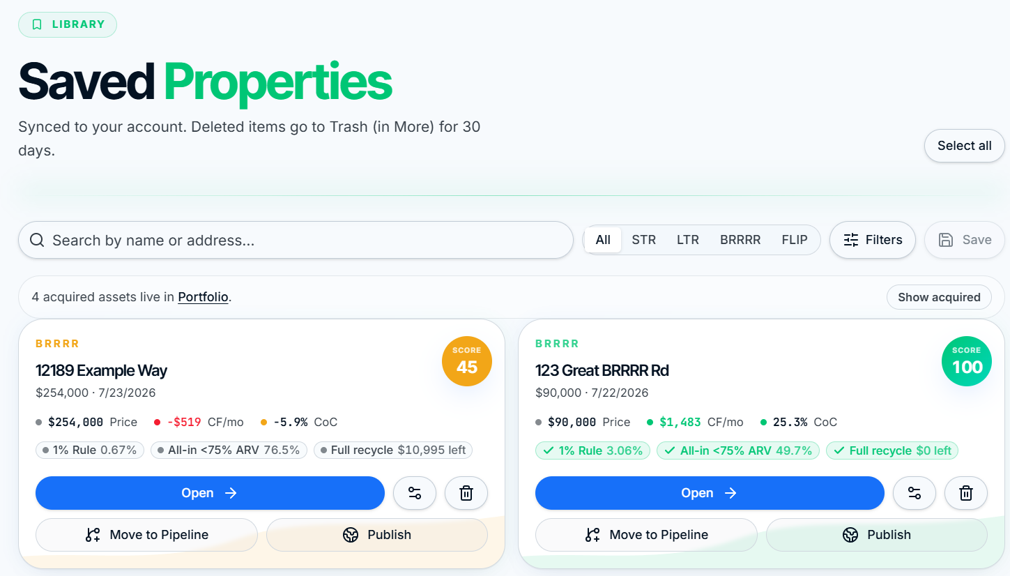 ROIStack Saved Properties library with rule-of-thumb chips, cash flow, CoC, and Move to Pipeline and Publish actions