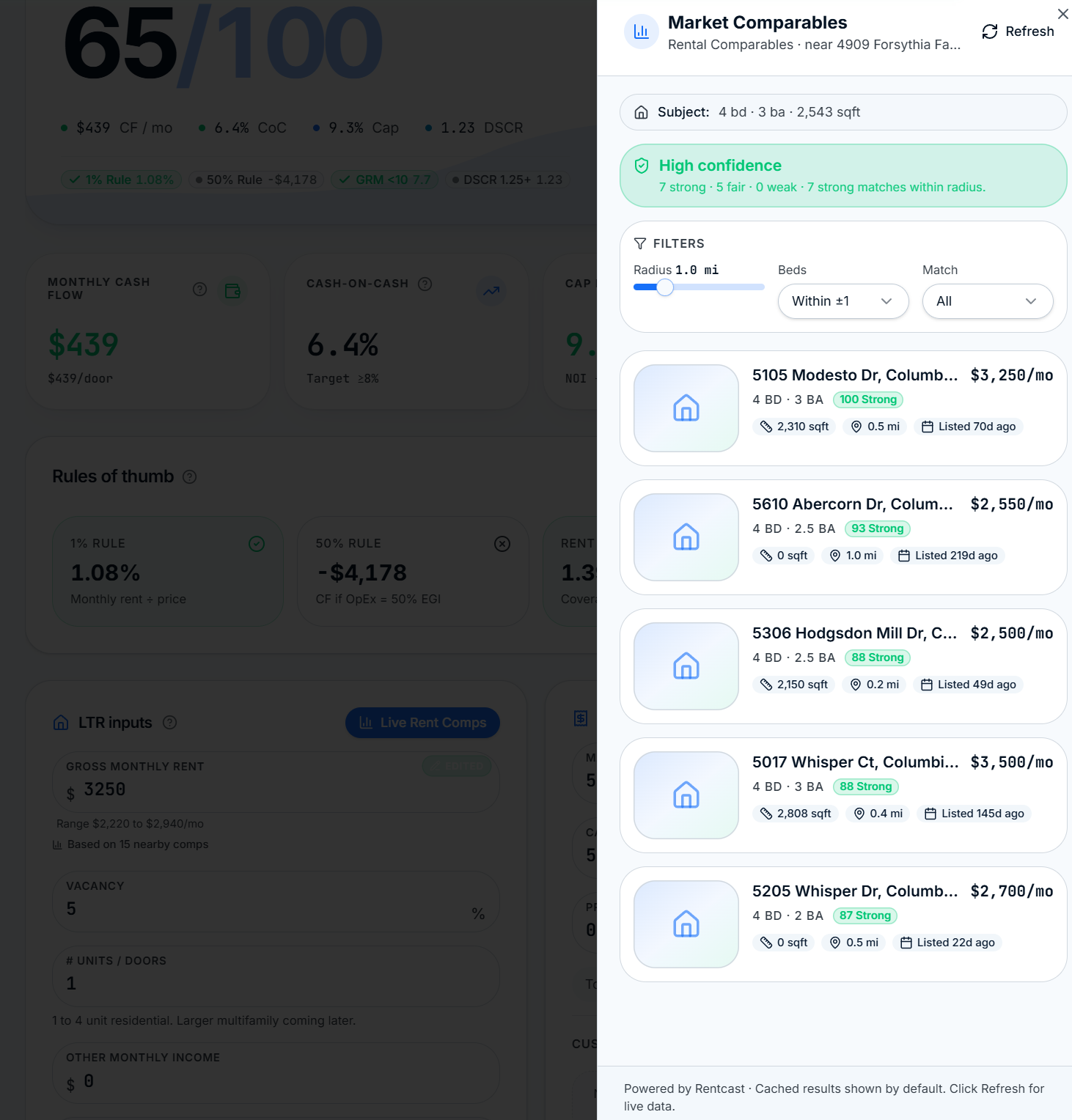 ROIStack Live Rent Comps drawer showing comparable rental listings, match scores, filters, and Refresh