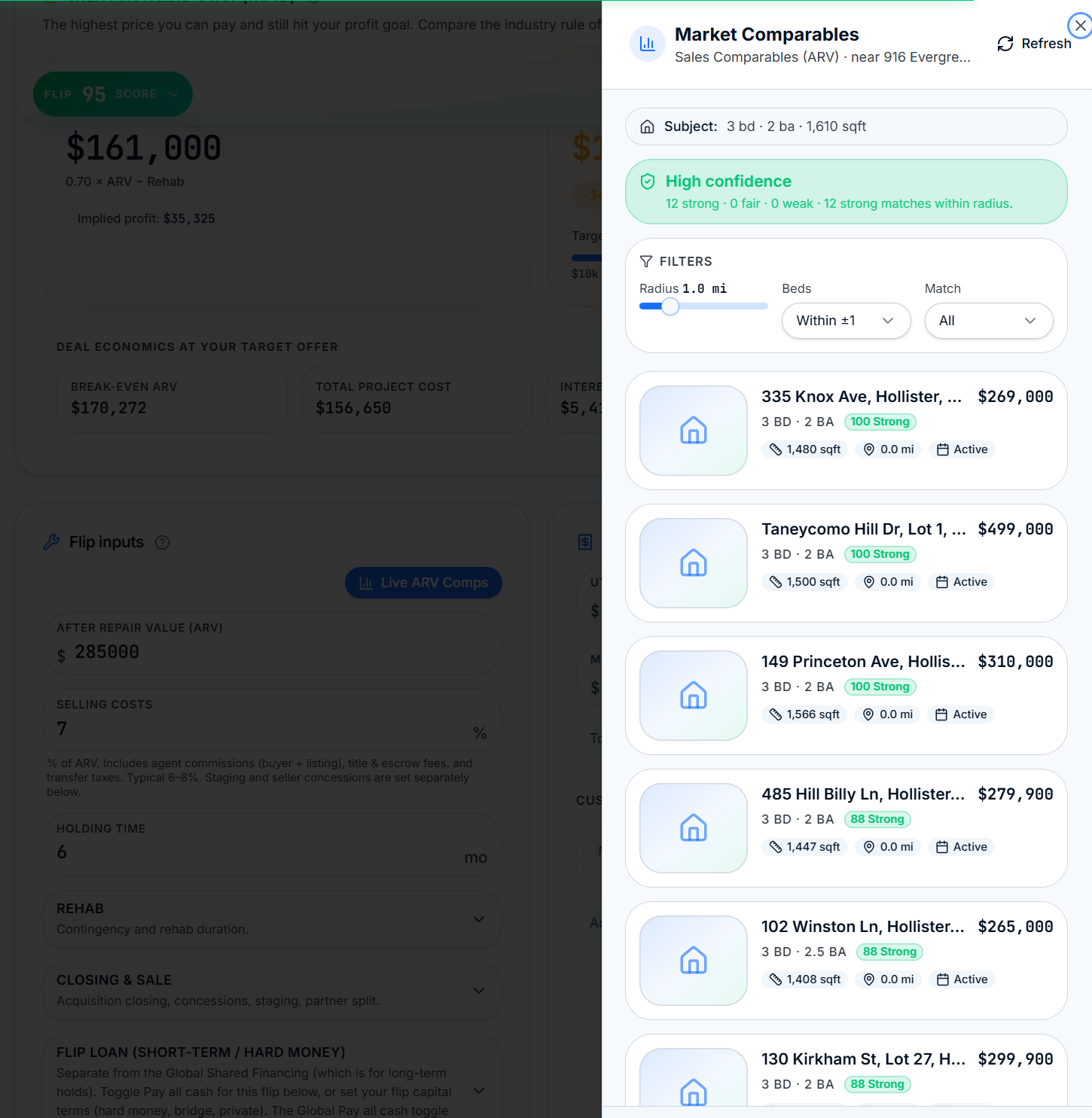 ROIStack Live ARV and sales comps drawer with recent sale prices, square footage, and match scores