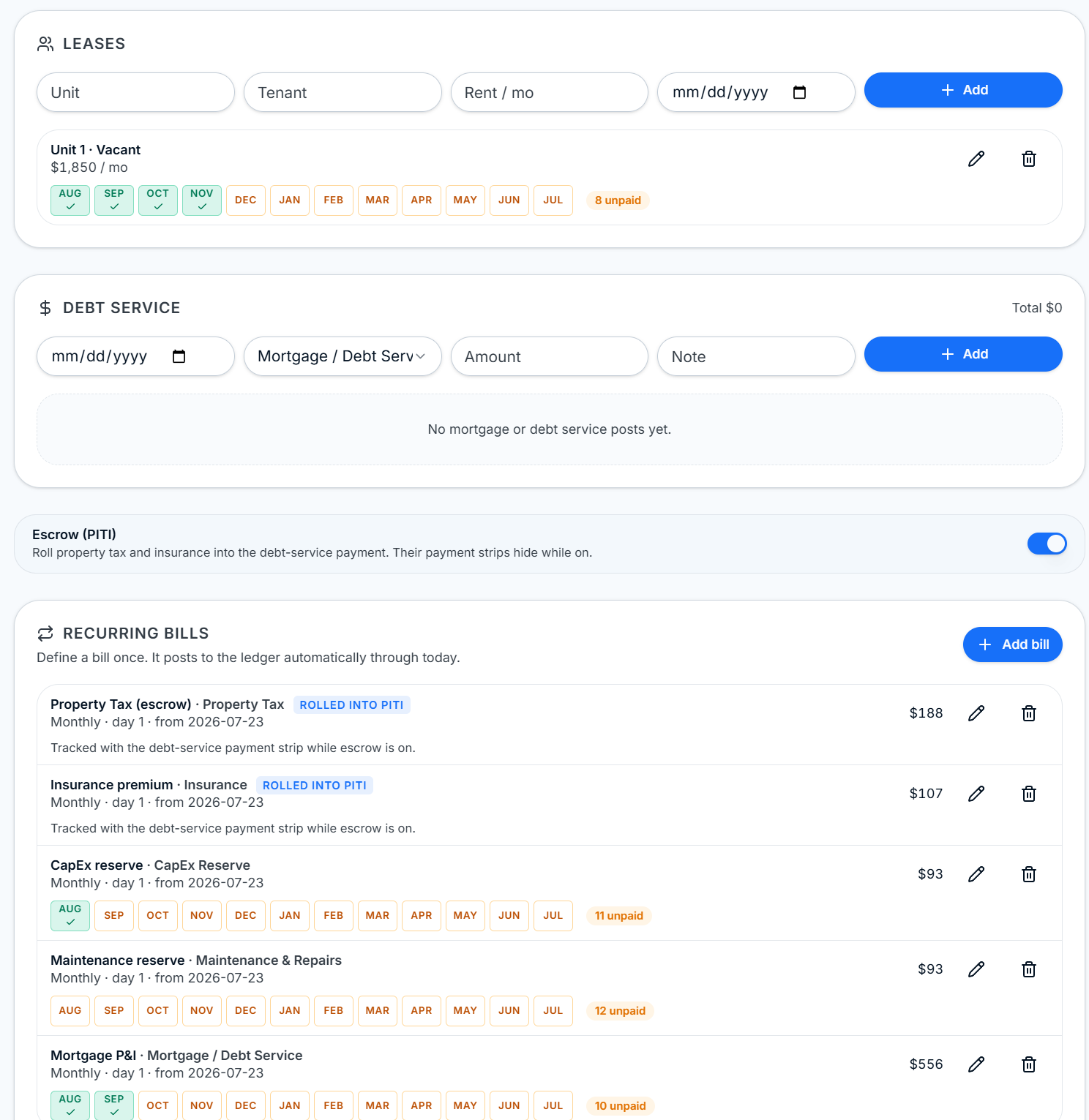 ROIStack Ownership page leases, debt service, PITI escrow toggle, and recurring bills with monthly payment strips