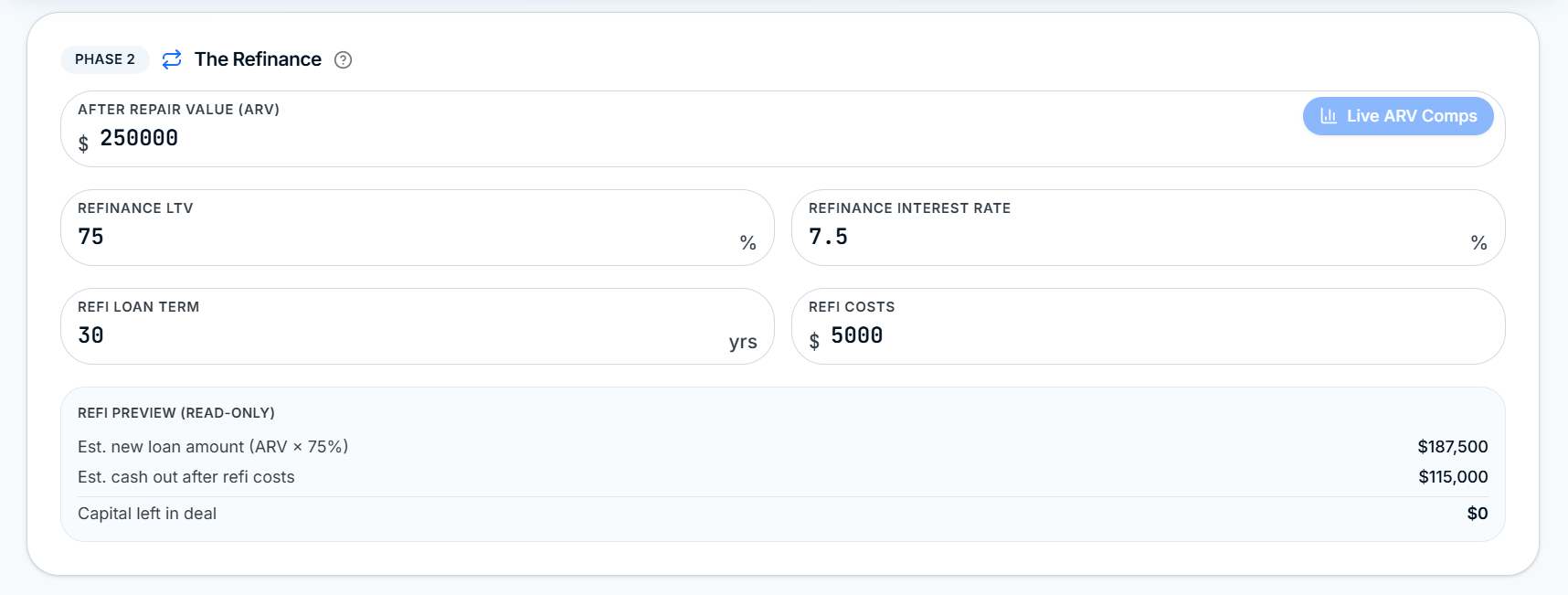BRRRR Phase 2 Refinance modeling with ARV, refi LTV, and capital-left-in-deal preview