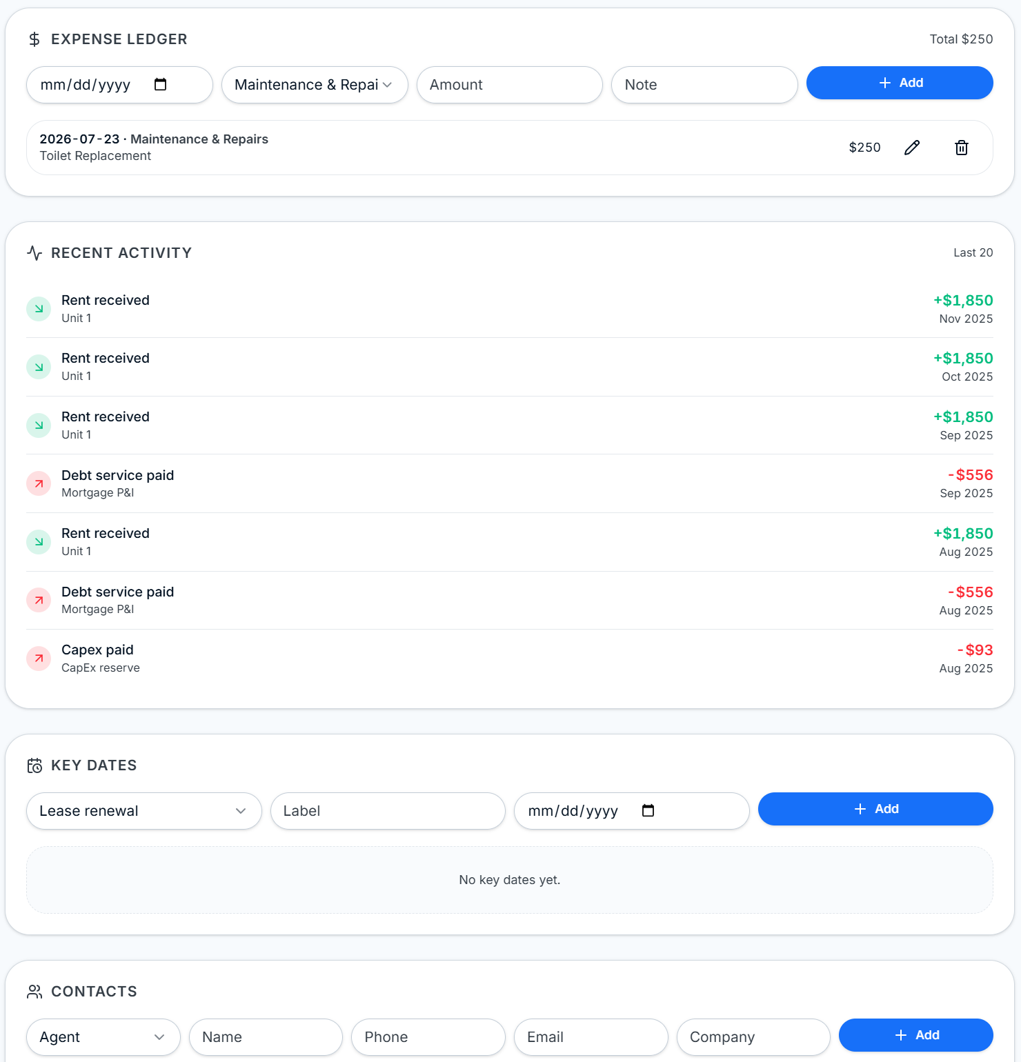 ROIStack Ownership page expense ledger, recent activity feed, key dates, and contacts