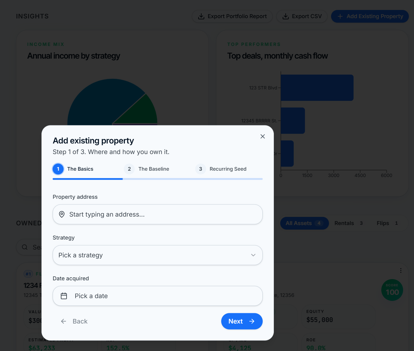 ROIStack Add Existing Property wizard, Step 1 of 3, with address, strategy, and date acquired fields