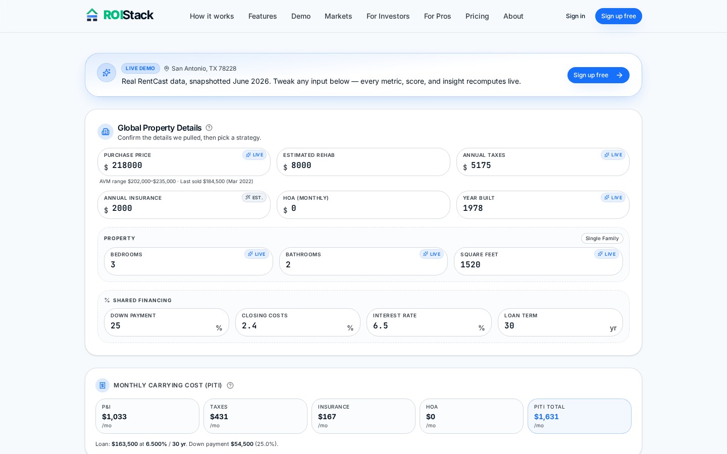 ROIStack Omni-View with the Sticky KPI HUD pinned at the top, showing the STR tab active with deal score and key metrics