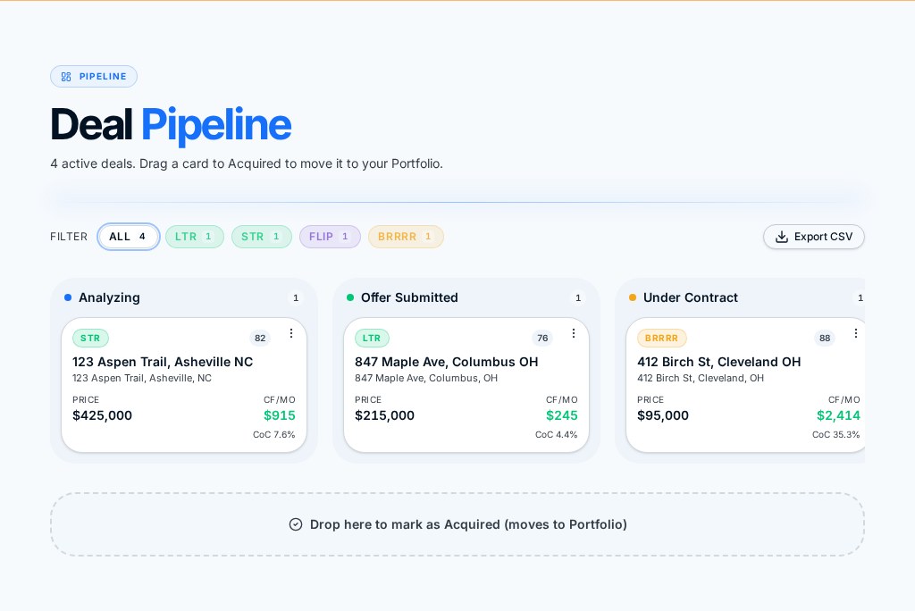 ROIStack Pipeline Kanban board with the Deal Hub Drawer open showing property details, task checklist, notes, and stage selector