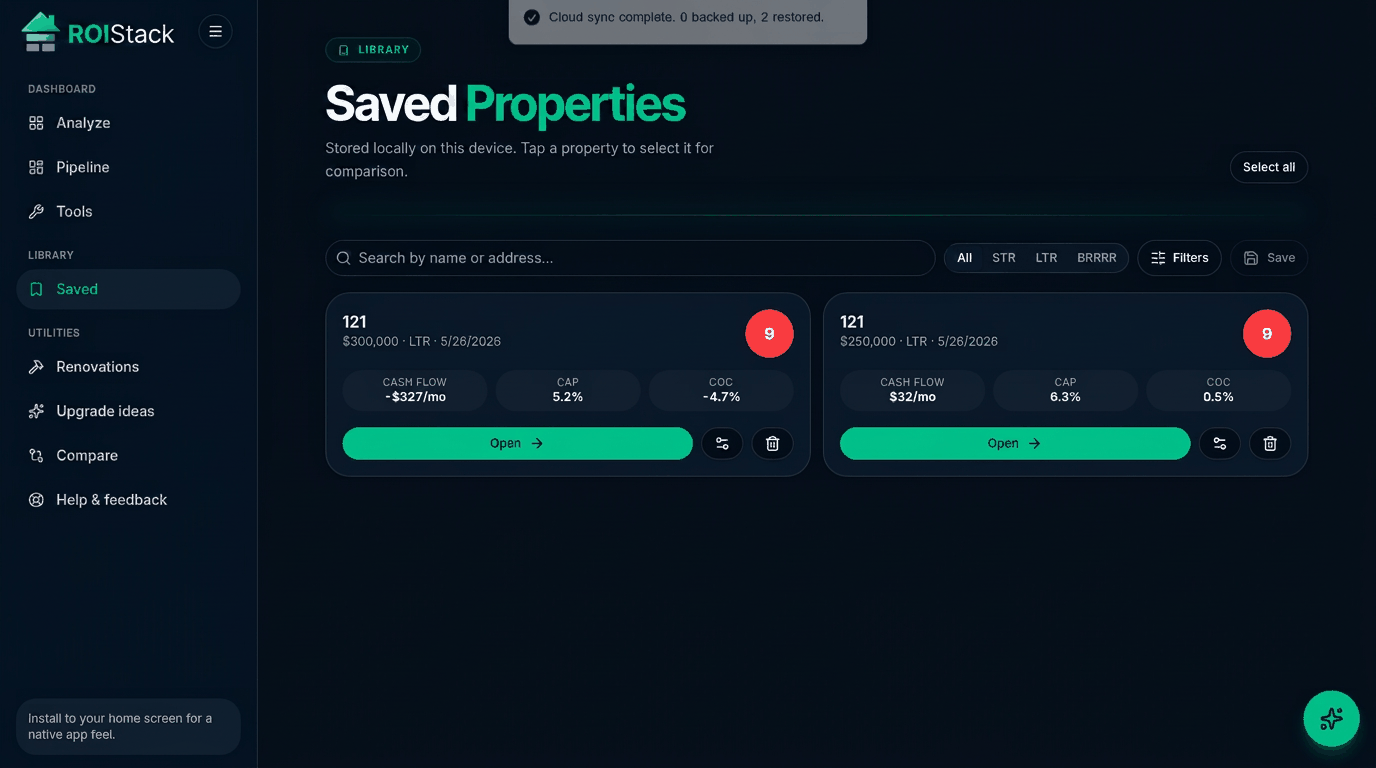 Saved Deals page showing inline task checklists on every property card